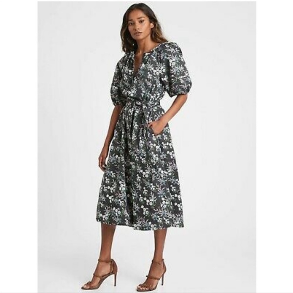 Banana Republic Puff Sleeve Floral Poplin Midi Dress